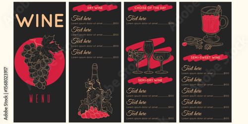 Menu design. Wine bar. Bottle hand drawn sketch. Champagne glass in restaurant. Vine alcohol card. Vintage cafe in vineyard. Wineglass or grape berries. Vector wines store and winery brochure template