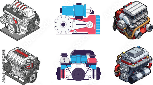 3D Vector Illustration of Modern Car Engines in Isometric View. 