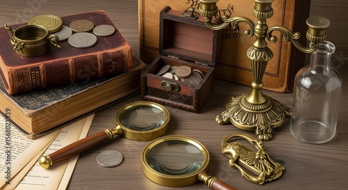 A collection of antique navigational and scientific tools, including magnifying glasses, a compass, and old coins