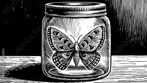 A glass jar filled with preserved butterfly, ideal for natural science illustrations, vintage decor, or surreal concepts a black and white line art illustration