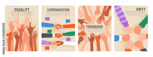 Hand together. People help, team of hope, teamwork support. Group celebration, boy and girl gesture. Volunteer emotion. Raised arms solidarity, work partnership. Vector creative garish unity poster