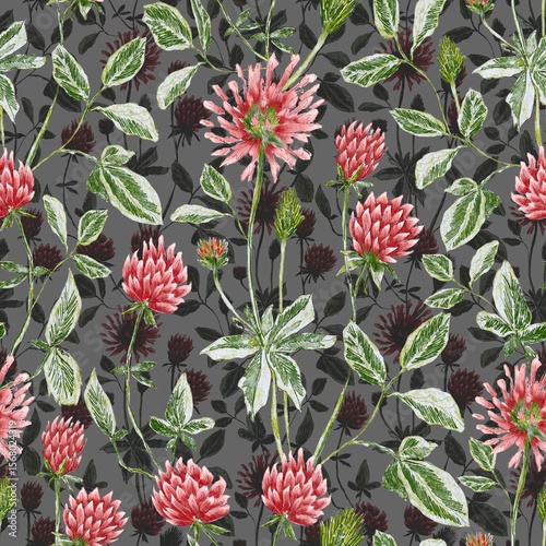 Seamless pattern with clover flowers hand drawn with colored pencils and watercolor