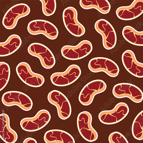Seamless pattern of cartoon-style raw meat slices with marbled texture on white background. Flat design, isolated food elements