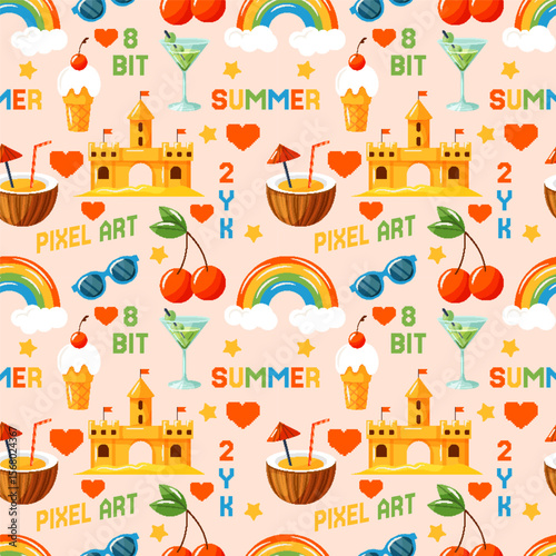 Pixel summer travel seamless pattern. Fun retro game background with Y2k icons. Sea vacation. Sand castle. Vintage sunglasses. Coconut cocktail. 8-bit art in square shape. Vector cartoon garish design