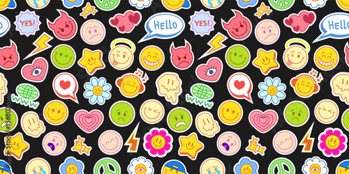 Smile stickers seamless pattern. Pop y2k emoji character. Fun and cool retro design. Repeated print. Cute emoticon patch. Cartoon funky texture background. Vintage smileys badge. Vector illustration