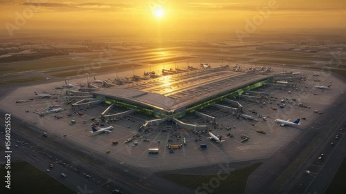 Bustling airport terminal at sunset with planes and vehicles, reflecting a vibrant hub of activity