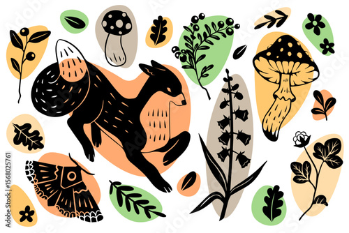Autumn forest fox. Wild animal. Plant leaves. Agaric mushrooms. Tree branch. Decorative hand-drawn element pattern. Fall seasonal design for packaging. Black silhouette butterfly. Vector elements set