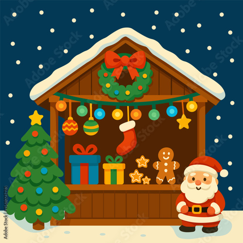 Festive Christmas Market Stall with Santa, Gifts, Christmas Tree, Gingerbread, Stockings, and Holiday Decorations for Winter Holidays and Celebrations.