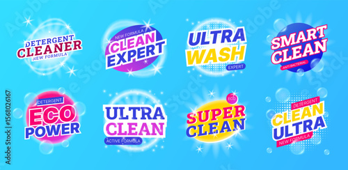 Laundry detergent logo. Ultra clean power soap. Cleanliness sparkle. Antibacterial cleaner. Suds bubble. Softener and cleanser. Toilet hygiene. Packaging brand. Vector product garish design labels set