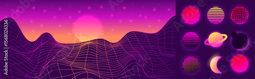 Wave retro. Neon mountain. Synth sun. Planet surface. Moon circles. Wireframe landscape in 80s style. Grid structure. Laser sunset. Glitch effect. Sci-fi space. Vector garish futuristic background