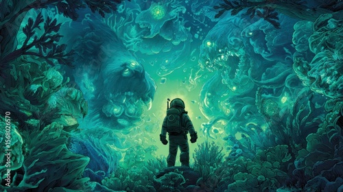 Astronaut in glowing alien forest