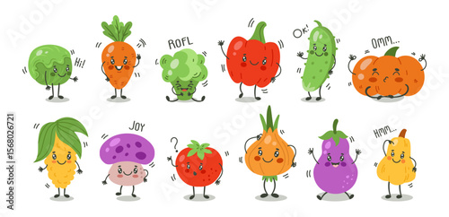 Vegetable cartoon. Cute kawaii cabbage, carrot, fresh broccoli, healthy pepper, tomato with smiling face. Funny food, kid mascot. Healthy emoji icon. Vector tidy vegetarian cartoon flat isolated set
