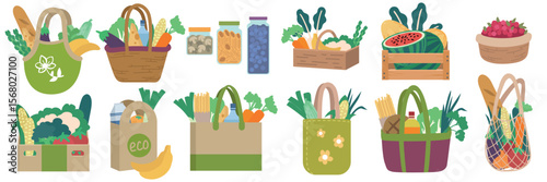 Healthy food icon. Organic market produce. Paper bag with fruit, basket with vegetables. Fresh vegan groceries, zero waste shop, bio products. ECO set. Vector cartoon flat style isolated illustration