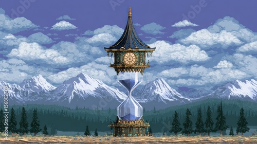 Pixel art clock tower with hourglass