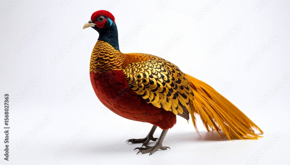 Fototapeta 3d golden pheasant with tucked tail isolated white background 