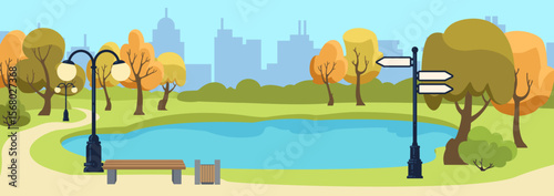 Park public with lake. Urban street garden with wooden benches and light lamp. Summer landscape. Town skyline. Outdoor seats and flashlights. Grass lawn. Plant trees. Vector empty cityscape background