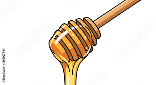 Golden Honey Dripping from Wooden Dipper Sweet Sticky Liquid Natural Healthy Sweetener for Food and Drinks Delicious Breakfast Ingredient