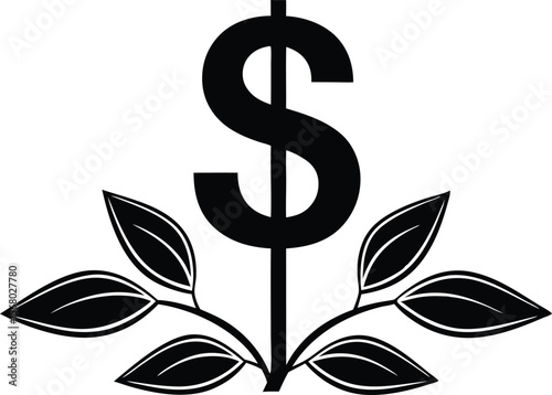 Dollar sign rising from plant a symbol of money growth silhouette black vector illustration