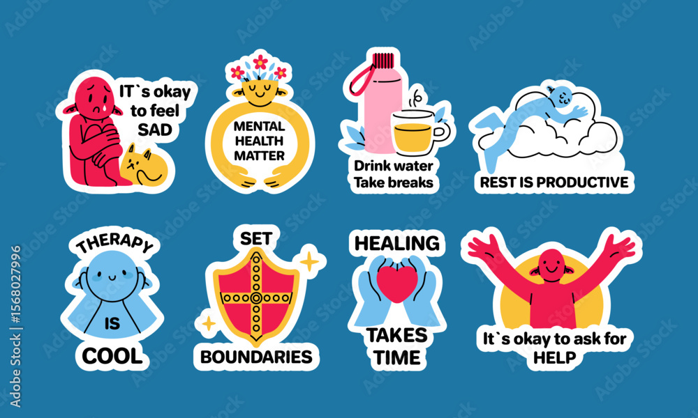 Fototapeta premium Mental health sticker. Awareness therapy. Psychology healing. Help and support. Self-care icons. Motivational label design. Positive mind wellness. Social media signs. Vector positive messages set