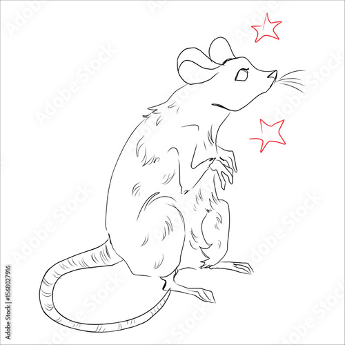 Mouse. Black and white hand drawn vector illustration. Line art. In sitting pose. Tattoo design. Print for sketchbooks, clothes, pins, stickers, cups.