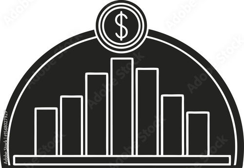 Financial market growth graph with coin showing money and capital silhouette black vector illustration