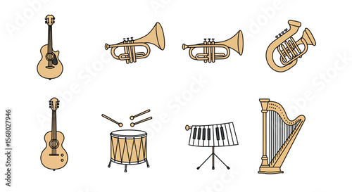 Set of musical instruments in minimalist style with brass and string elements