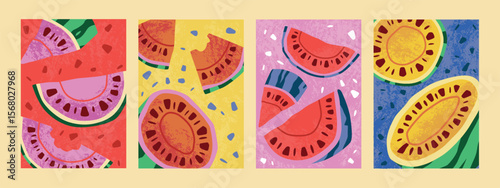 Summer watermelon poster. Fruit card design with juicy red slices, abstract background. Decorative tropical banner, bright holiday food art. Yellow and red natural organic dessert. Vector doodle set