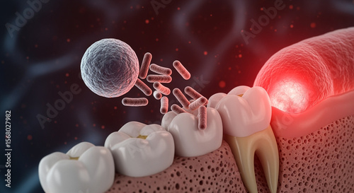 Bacteria attacking tooth causing infection and inflammation oral health concept