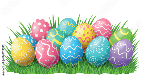 Colorful easter eggs among green grass
