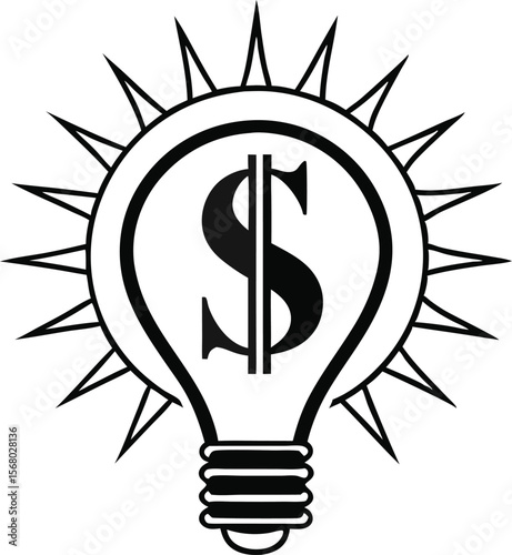 Brilliant idea, dollar symbol in lightbulb with light rays emanating silhouette black vector illustration