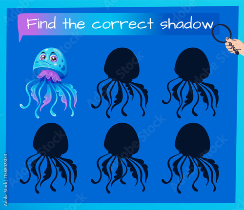Sea fish. Underwater animals shadow search. Workbook test. Kids preschool worksheet. Identical shade shapes find. Children game. Correct silhouette. Cartoon jellyfish. Vector educational puzzle design