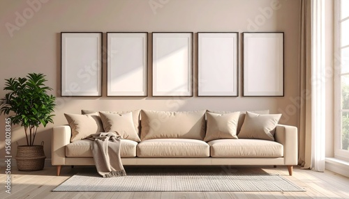 Soft Beige Gallery Setup Above Lounge with 5 framed pictures mockup. Blank Poster Framed Mockup