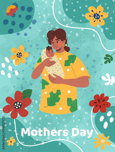 Mother day card. Happy mom hold newborn baby. Child breastfeeding, motherhood and childhood. Abstract flower background. Poster design. Loving family. Vector cartoon flat style isolated illustration