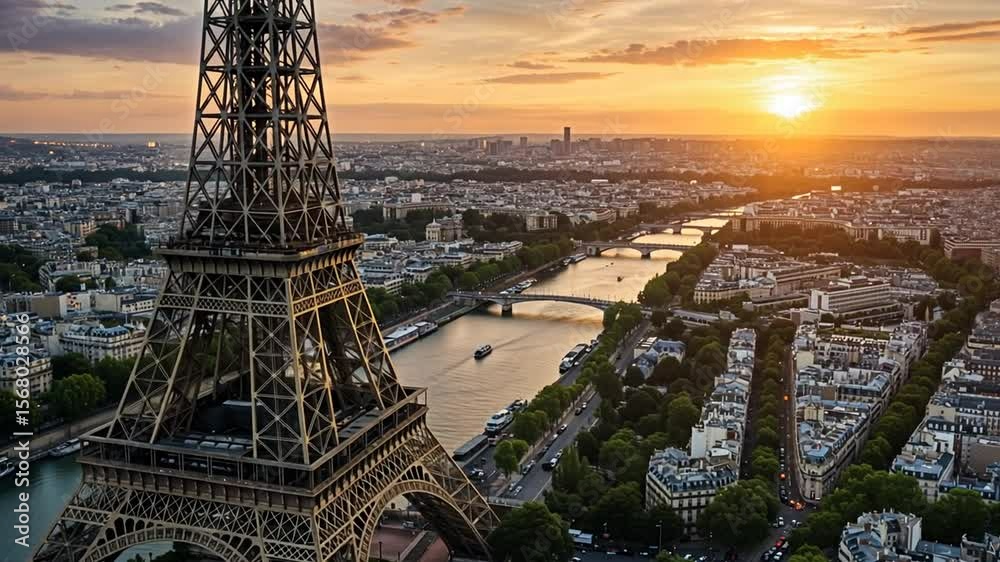 Parisian Sunset: Eiffel Tower  Seine River Panorama.