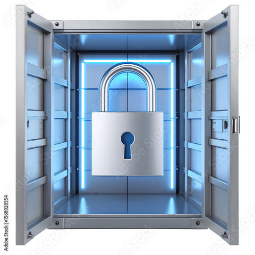 Digital rendering of an open safety deposit box or vault with a locked door