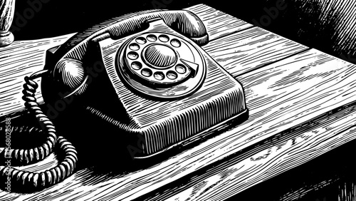 An old rotary dial telephone resting on a wooden table, ideal for retro design themes or communication history visuals vector a black and white line art illustration