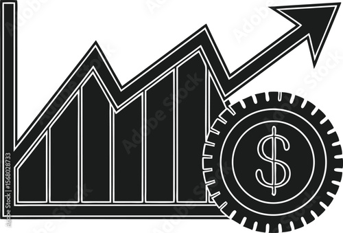 Financial growth shown by chart with upward trending arrow and coin silhouette black vector illustration
