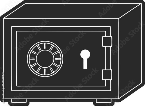 Black safe with white outline, combination lock, and keyhole silhouette black vector illustration