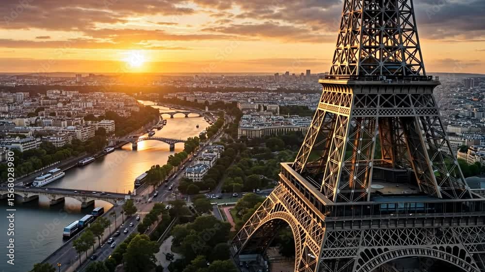 Eiffel Tower Sunrise: Paris Skyline Seine River Golden Hour Cityscape View.