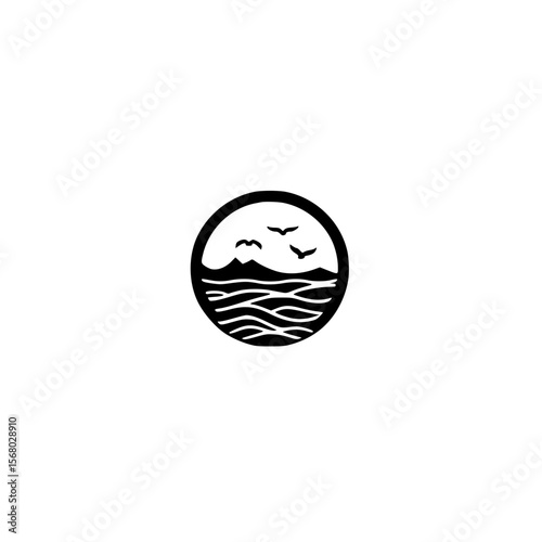 Vector illustration of sunset over ocean in circular frame with minimal seascape and sun design