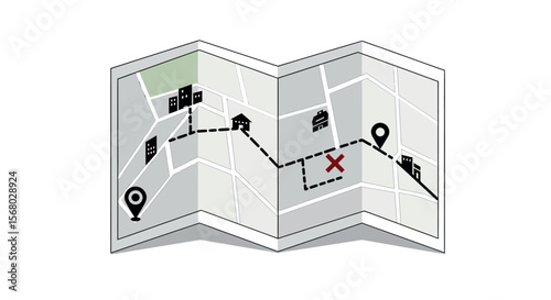 Folded map with destination route and location markers on city streets