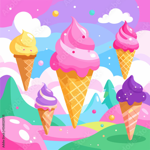 Colorful ice cream cone illustration in fantasy landscape, vibrant dessert art with pink, purple, and yellow tones for summer or children’s design