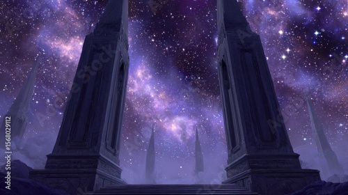 Ancient stone pillars reaching into a starry night sky