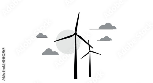Minimalist vector illustration of wind turbines in a cloudy sky for renewable energy concept