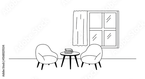 Minimalist interior with cozy armchairs and coffee table by window