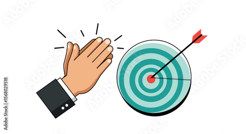 Achievement and success concept with applause and bullseye arrow
