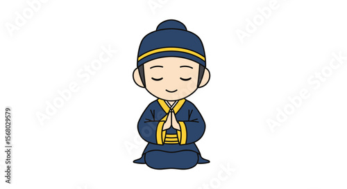 Chibi character bowing respectfully with hands clasped in prayer symbolizing peace and gratitude