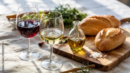 Wine glass duo featuring red and white wine varieties with artisanal bread and olive oil on rustic wooden cutting board in natural sunlight