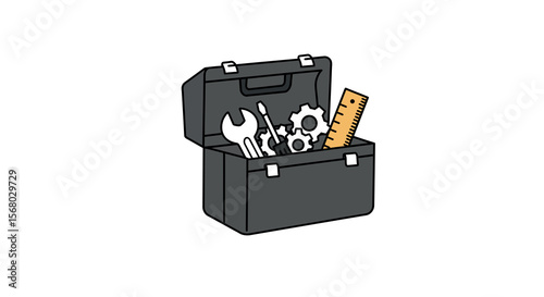 Toolbox with ruler, wrench, and cogs: essential manual tools collection