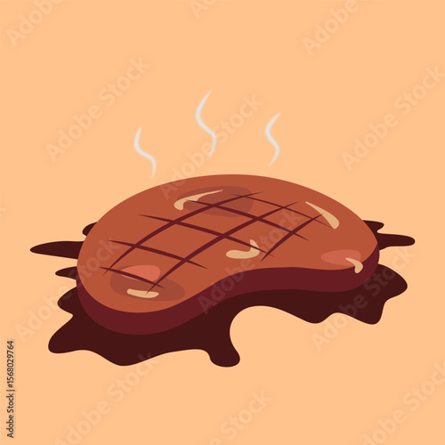 Grilled beef steak with steam and sauce, in cartoon style